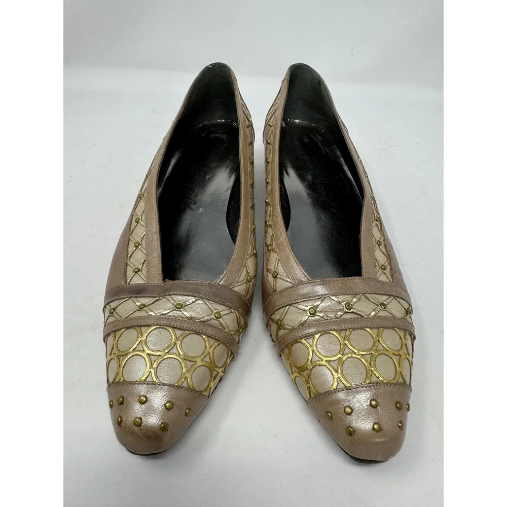 Margaret Jerrold Vintage Taupe Leather Gold Studded Low Wedge Pumps Heels 7.5 M